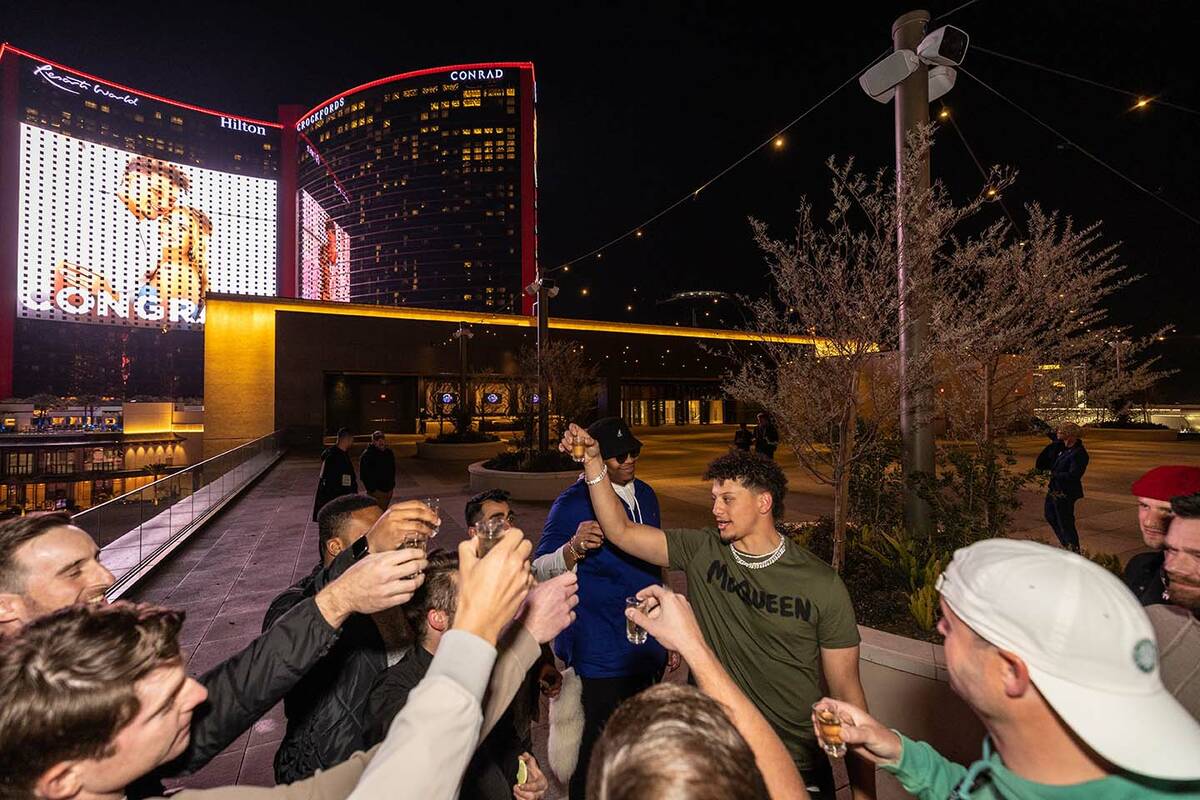 Kansas City Chiefs star quarterback, Patrick Mahomes, leads a toast at the Rose Rooftop at Reso ...