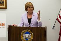 Rep. Susie Lee speaks during a press conference, on Tuesday, April 6, 2021, in Boulder City. (B ...