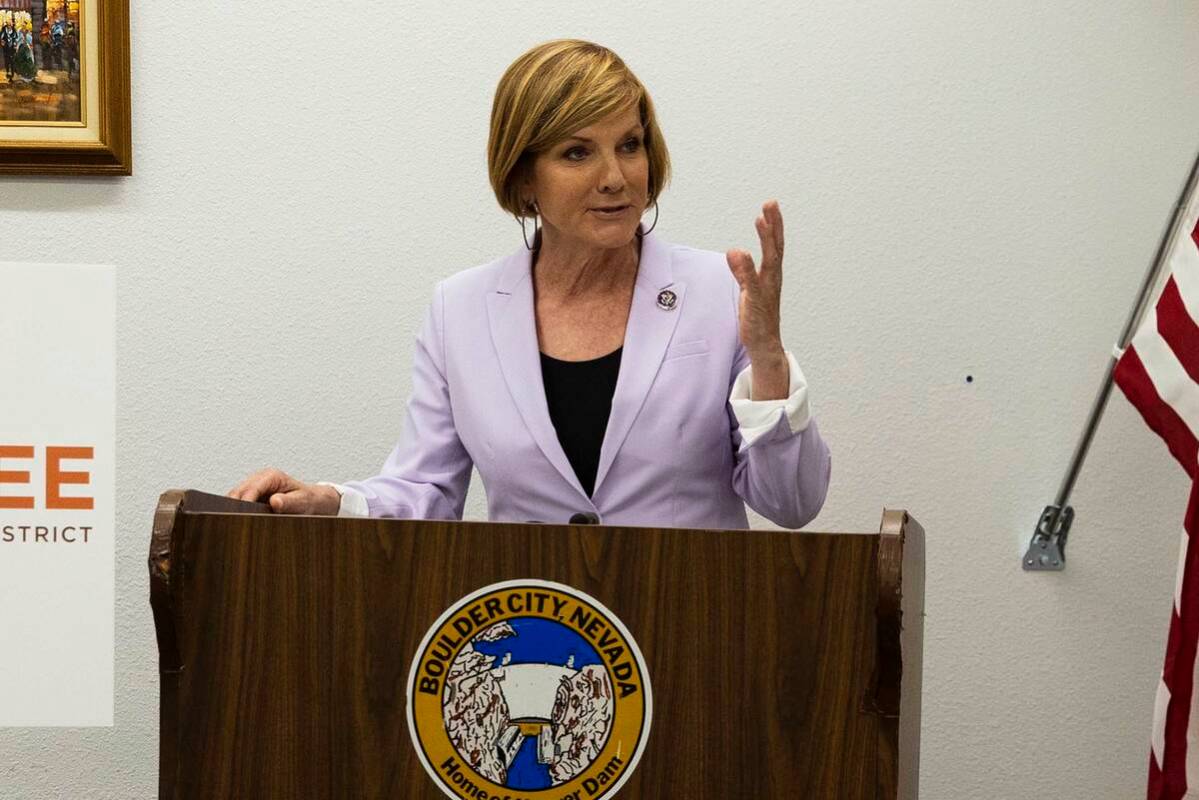 Rep. Susie Lee speaks during a press conference, on Tuesday, April 6, 2021, in Boulder City. (B ...