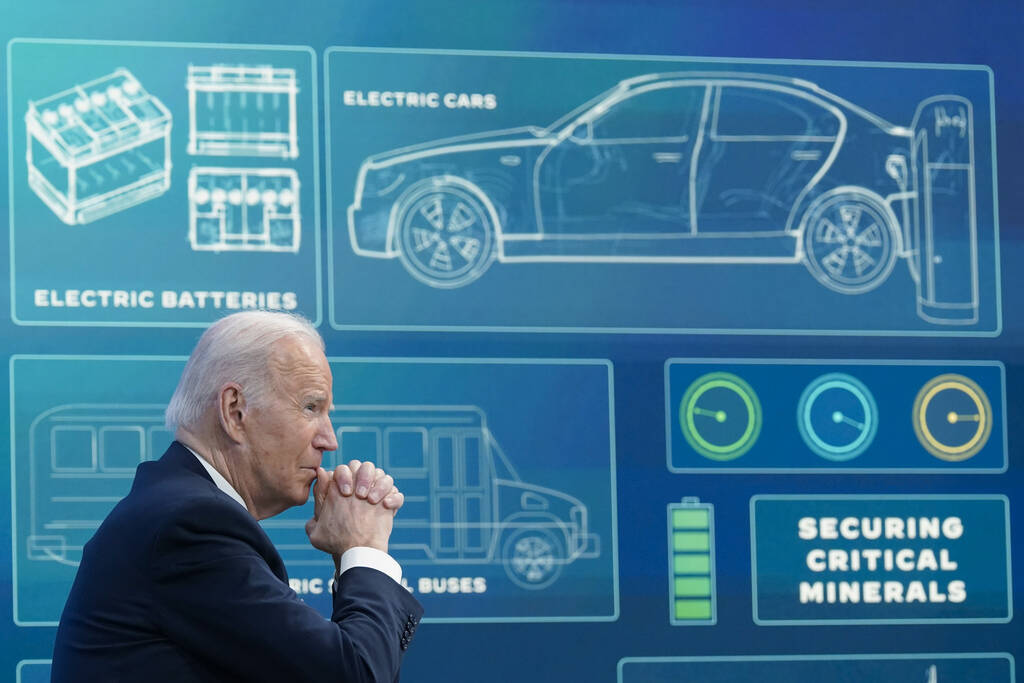 President Joe Biden listens during an event in the South Court Auditorium in the Eisenhower Exe ...