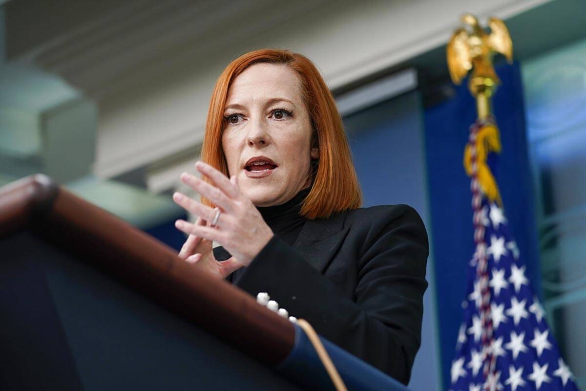 White House press secretary Jen Psaki speaks during a press briefing at the White House in Wash ...
