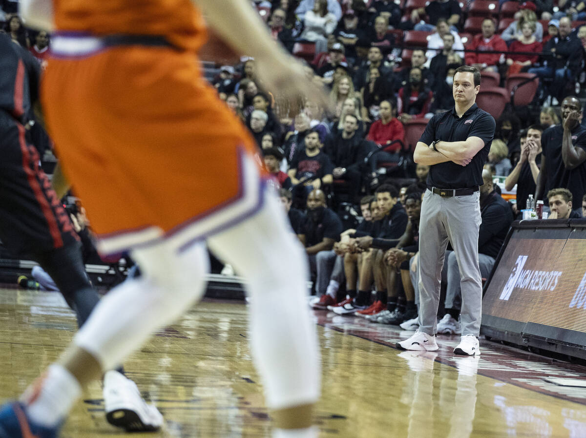 UNLV Rebels head coach Kevin Kruger watches his players during the first half of an NCAA colleg ...