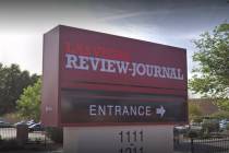 The sign is seen at the front of the Review-Journal building in Las Vegas. (Google)