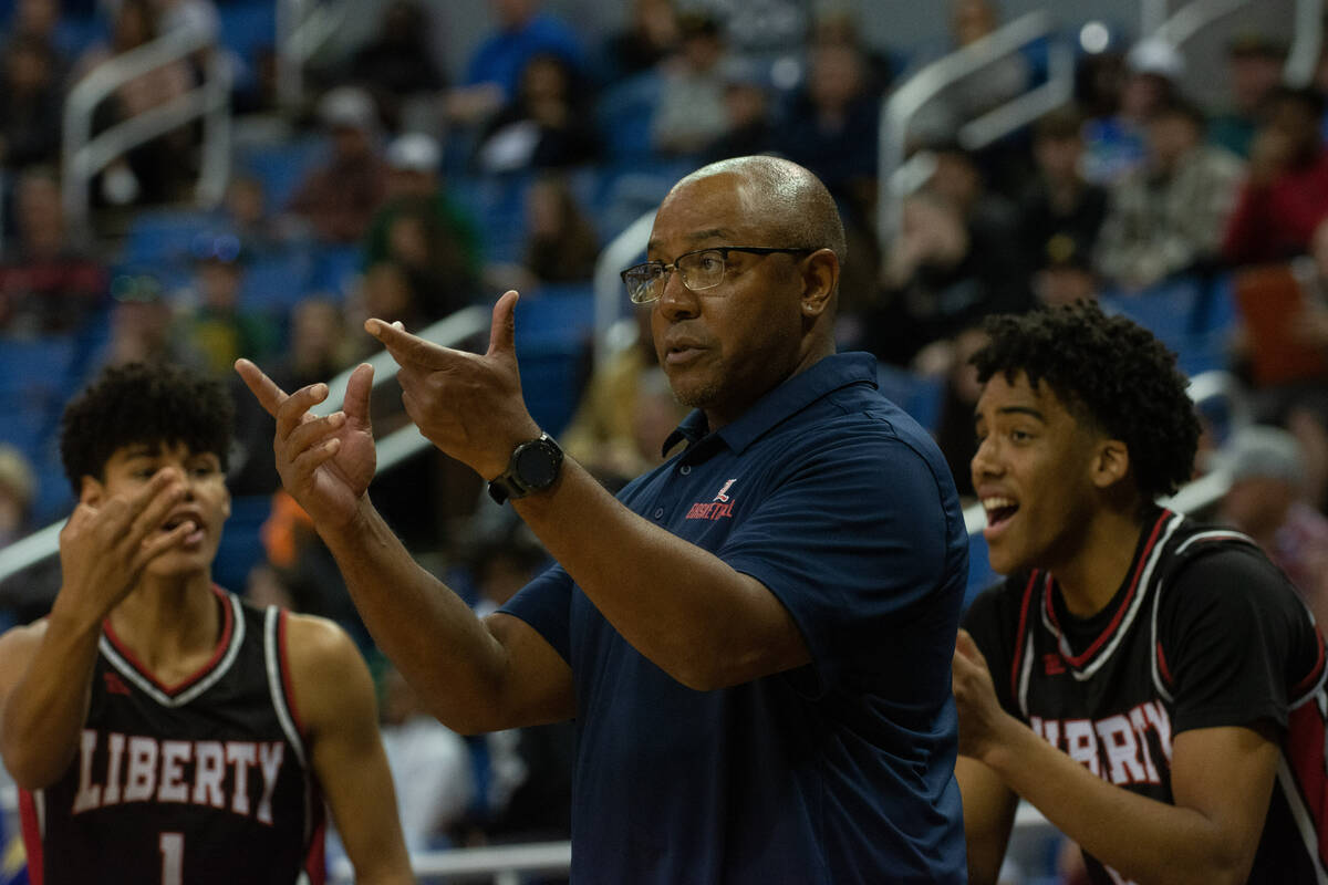 Liberty head coach Kevin Soares on the sidelines during the NIAA Class 5A boys basketball state ...
