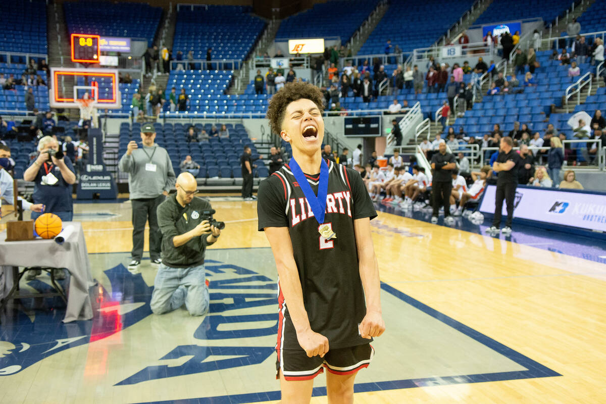 LibertyÕs Kristaps Kambala celebrates after beating Bishop Gorman in the NIAA Class 5A boy ...