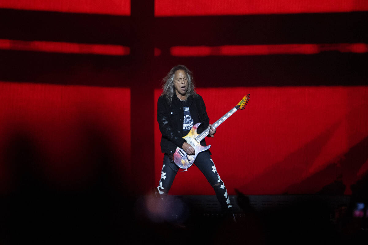 Kirk Hammett of Metallica performs in a music concert at Allegiant Stadium in Las Vegas, Friday ...