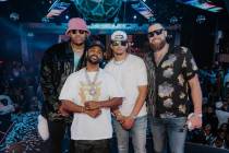 Orlando Brown Jr., Big Sean, Patrick Mahomes and Travis Kelce are shown onstage at Drai’s Nig ...