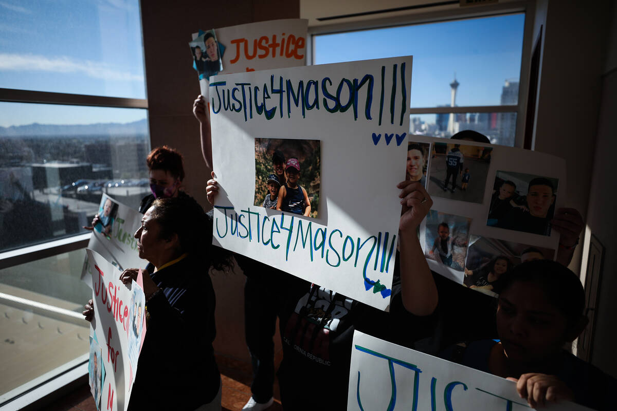 Family and friends of Mason Dominguez speak to the news media on Monday, Feb. 28, 2022, at the ...