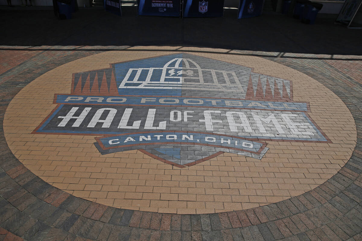 Painted bricks of the Pro Football Hall of Fame logo in the concourse of the stadium during an ...
