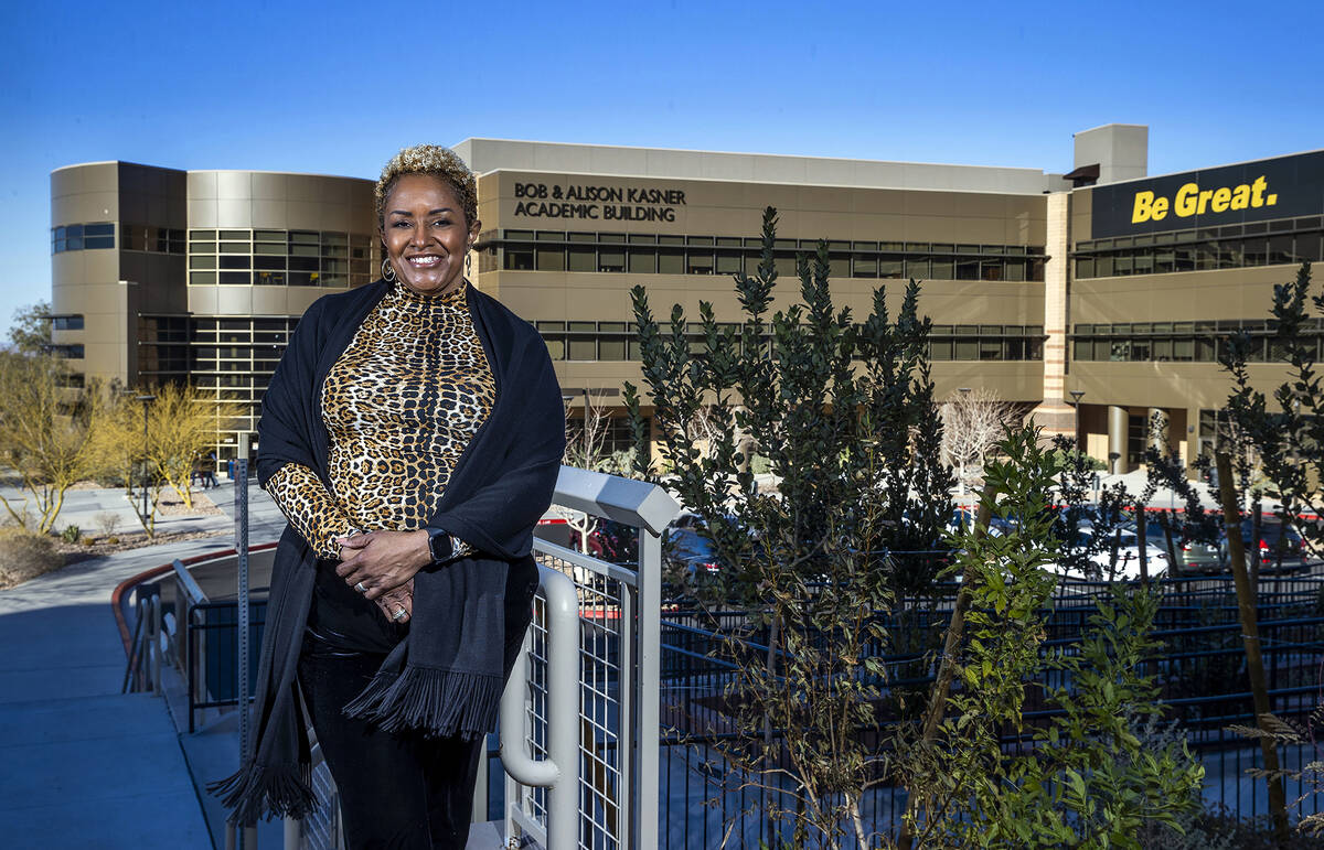 Nevada State College President Dr. DeRionne Pollard in a campus commons area with the Bob and A ...