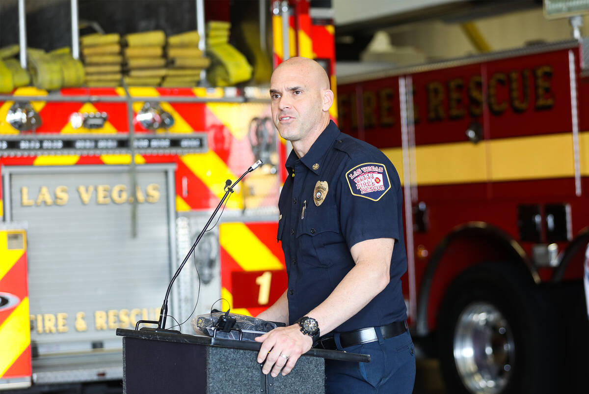Las Vegas Fire Department Chief Jeff Buchanan addresses the media at Las Vegas Fire and Rescue ...