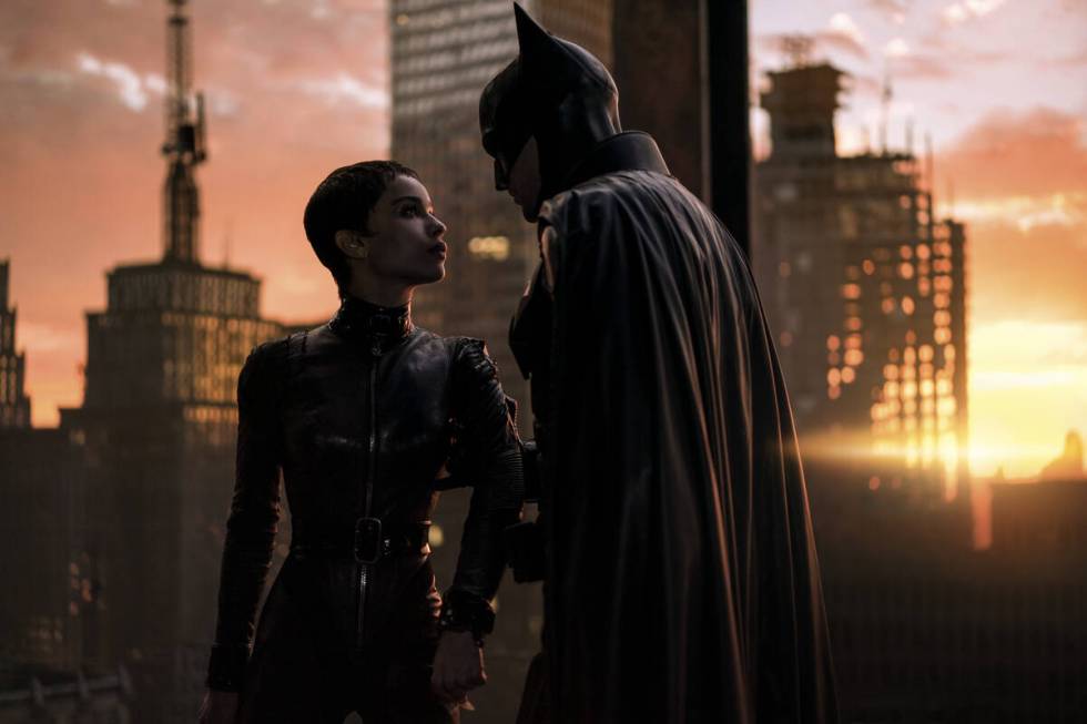 Zoe Kravitz as Selina Kyle and Robert Pattinson as Batman in “The Batman.” (Jonathan Olley/ ...