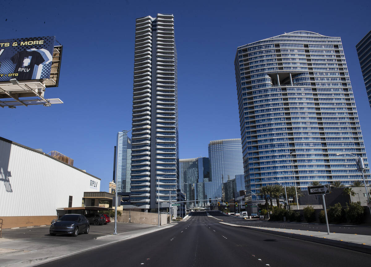 Royal Pacific of Las Vegas (RPLV), left, screen print/embroidery shop, is seen where developer ...