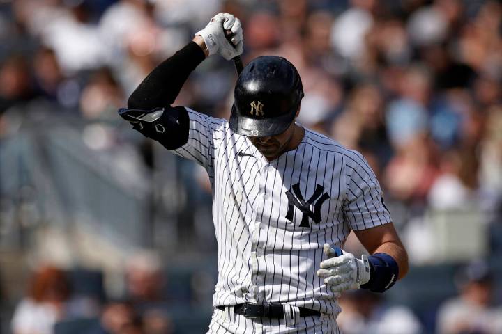 New York Yankees' Joey Gallo reacts to striking out during the first inning of a baseball game ...