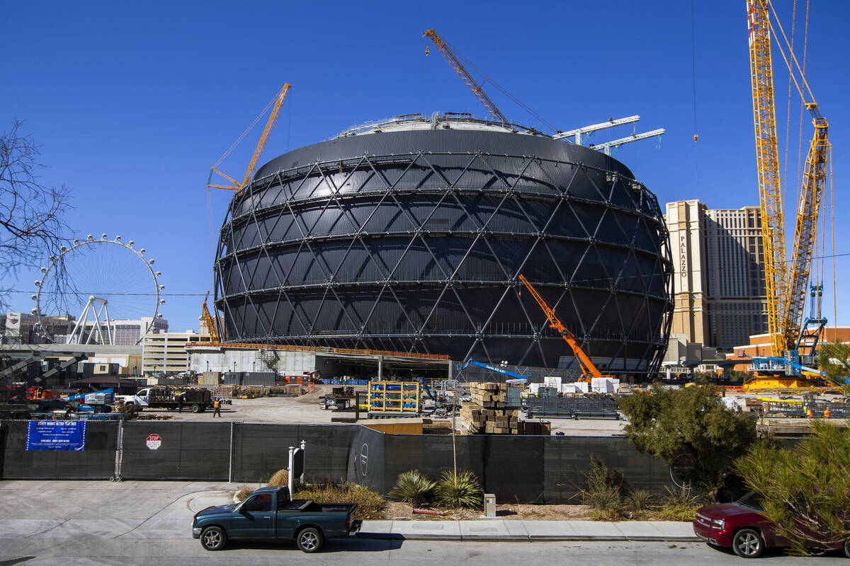 Construction crews continue work at the MSG Sphere at The Venetian near South Manhattan Street ...