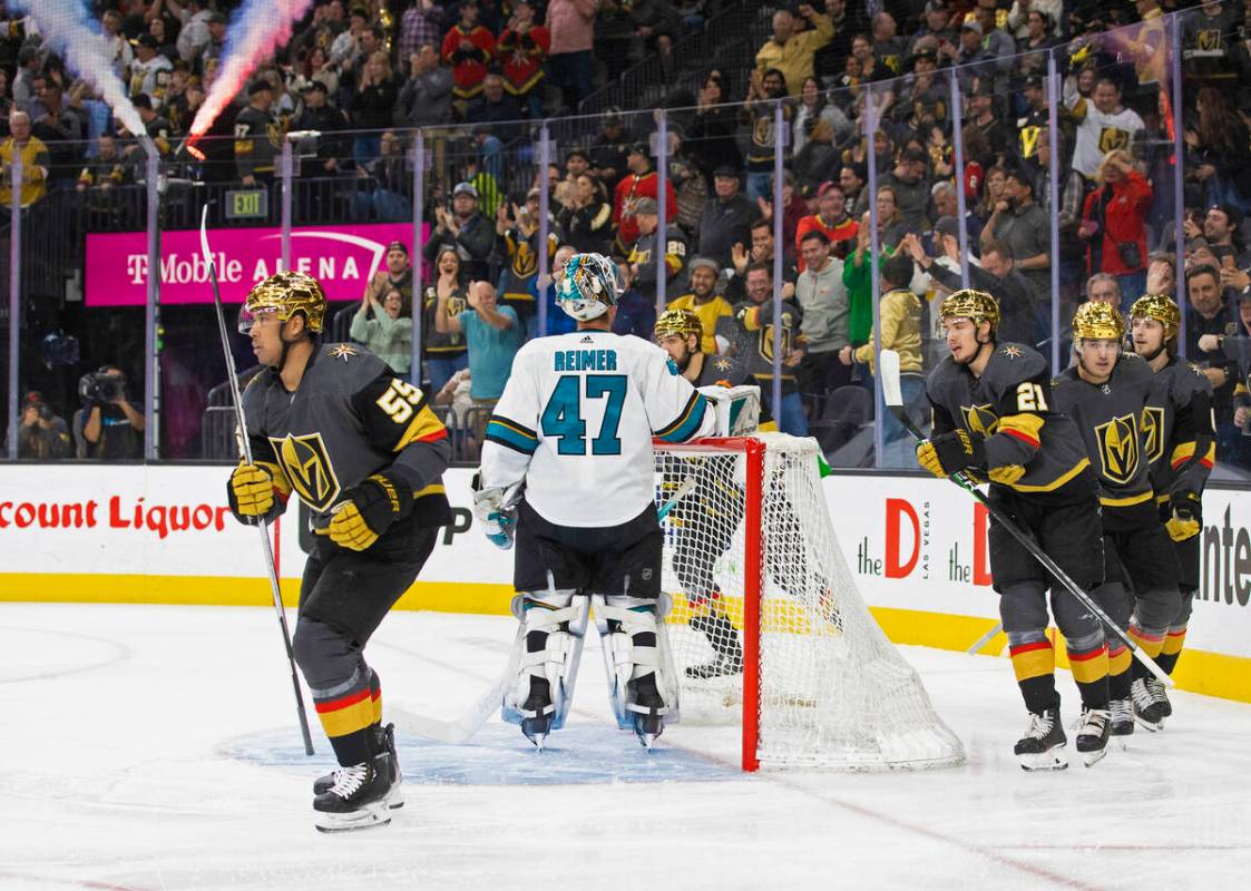 Golden Knights right wing Keegan Kolesar (55) celebrates a first period goal with teammates dur ...