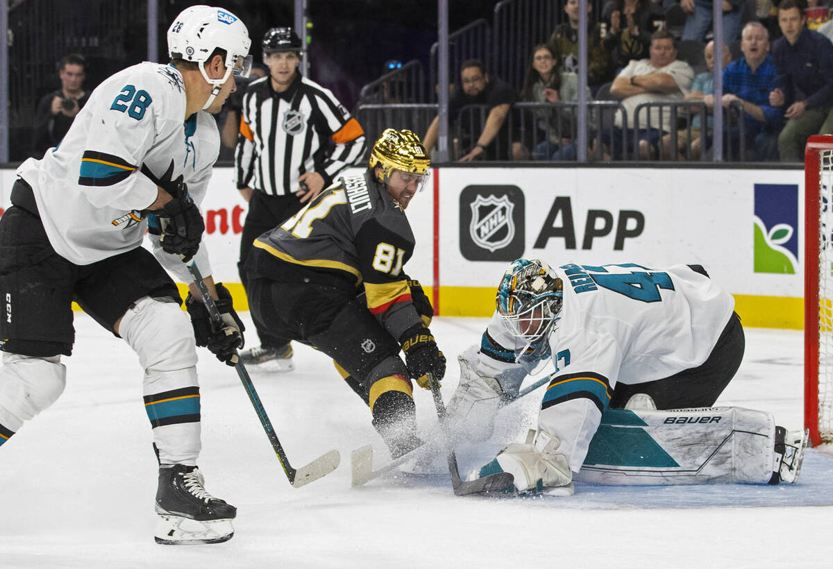 Golden Knights center Jonathan Marchessault (81) shoots on San Jose Sharks goaltender James Rei ...