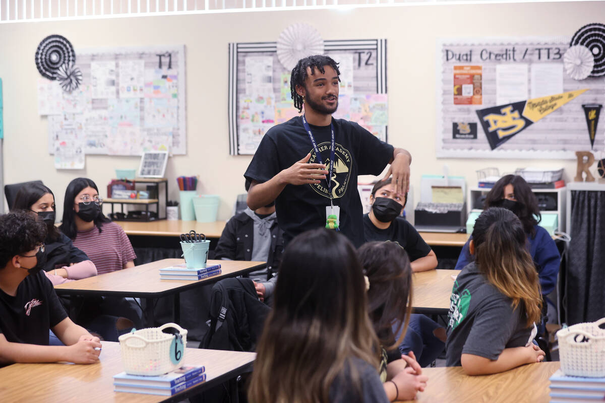 Senior Trevor Newby speaks during the “teaching and training” program at Rancho High School ...