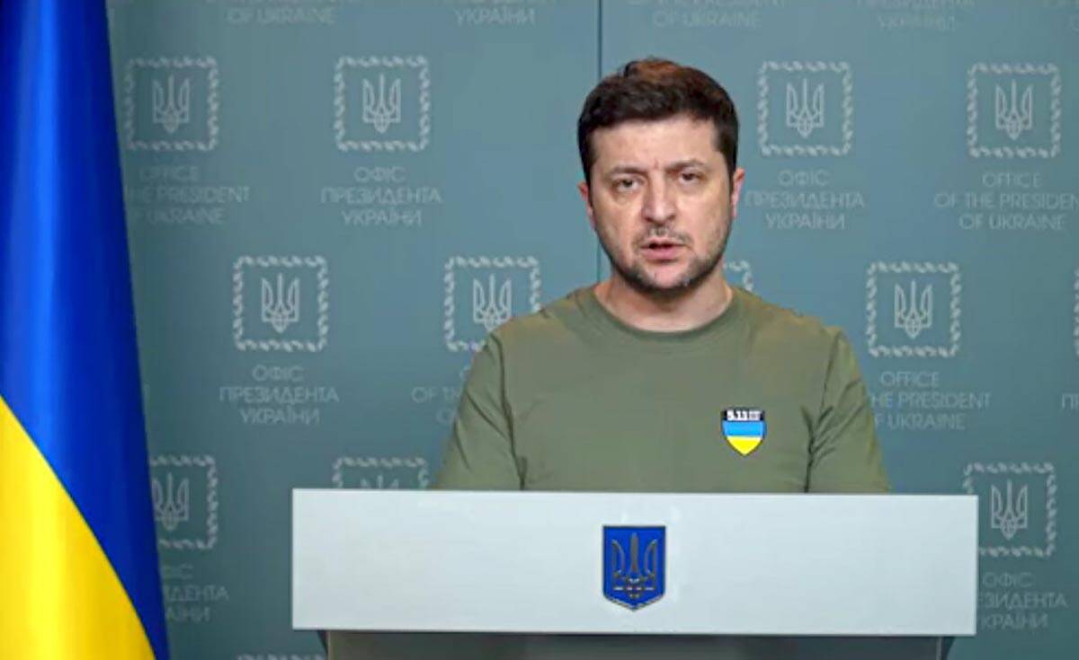 In this image taken from video provided by the Ukrainian Presidential Press Office, Ukrainian P ...