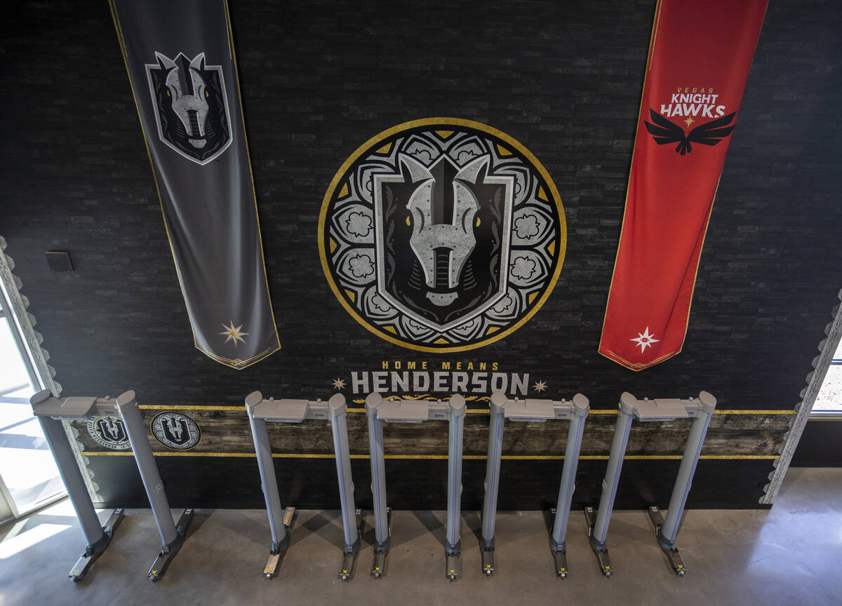 Banners for the Silver Knights and Vegas Golden Hawks hang in the concourse during a tour of th ...