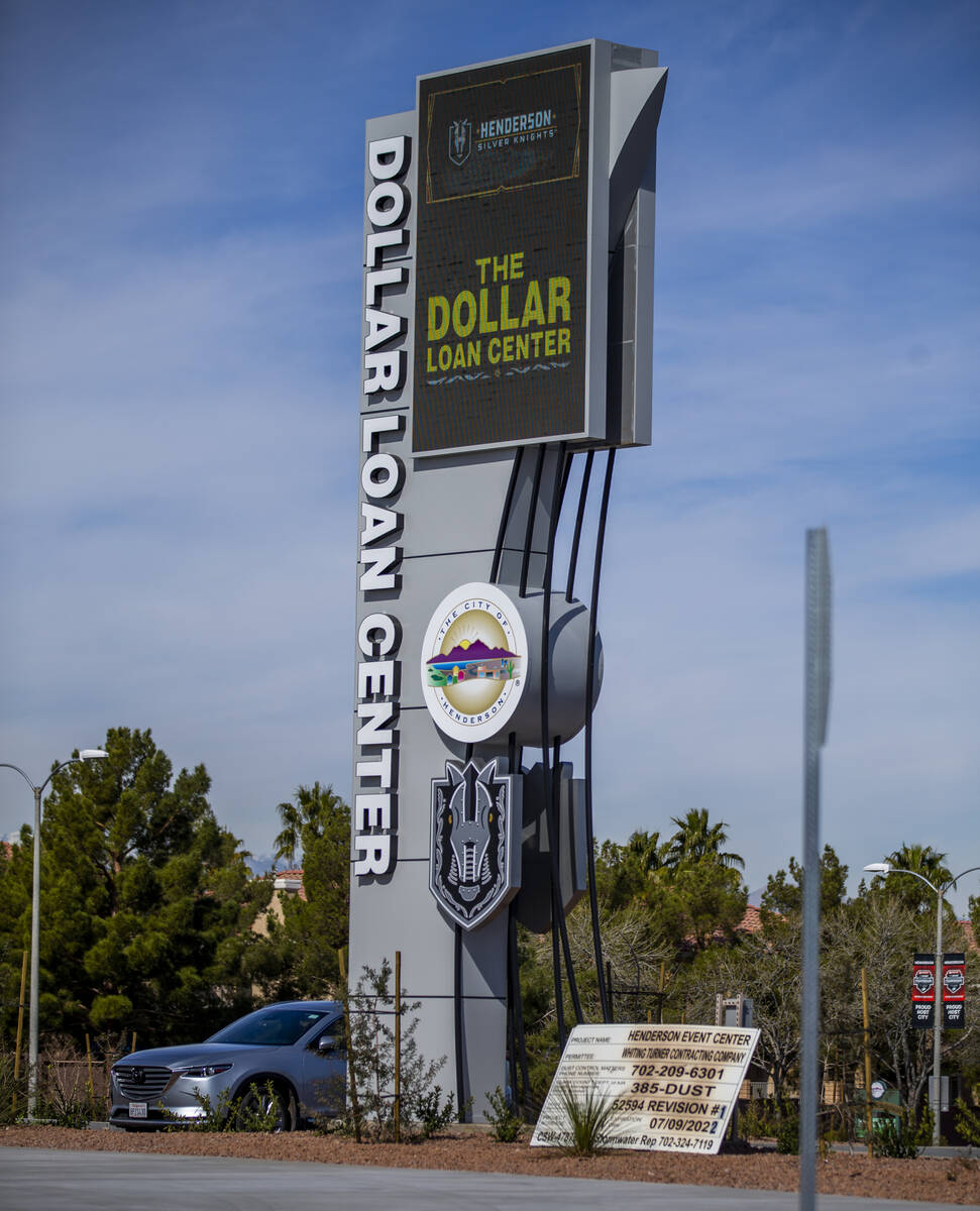 Front entrance sign during a tour of the new Dollar Loan Center on Thursday, Mar. 3, 2022, in H ...