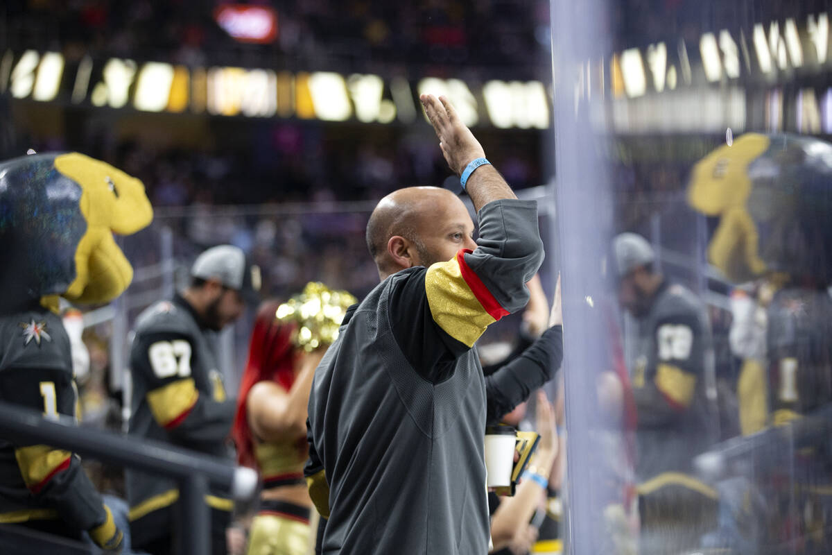 Golden Knights fans celebrate after Golden Knights center Jonathan Marchessault (81) scored a g ...