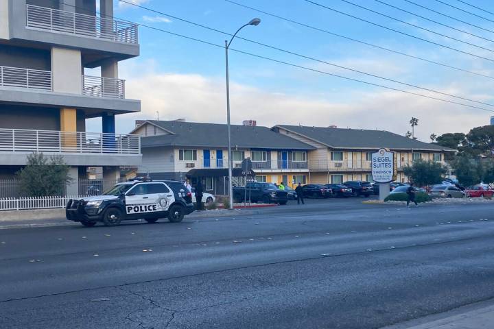 Las Vegas police investigate a shooting in the 4000 block of University Center Drive in central ...