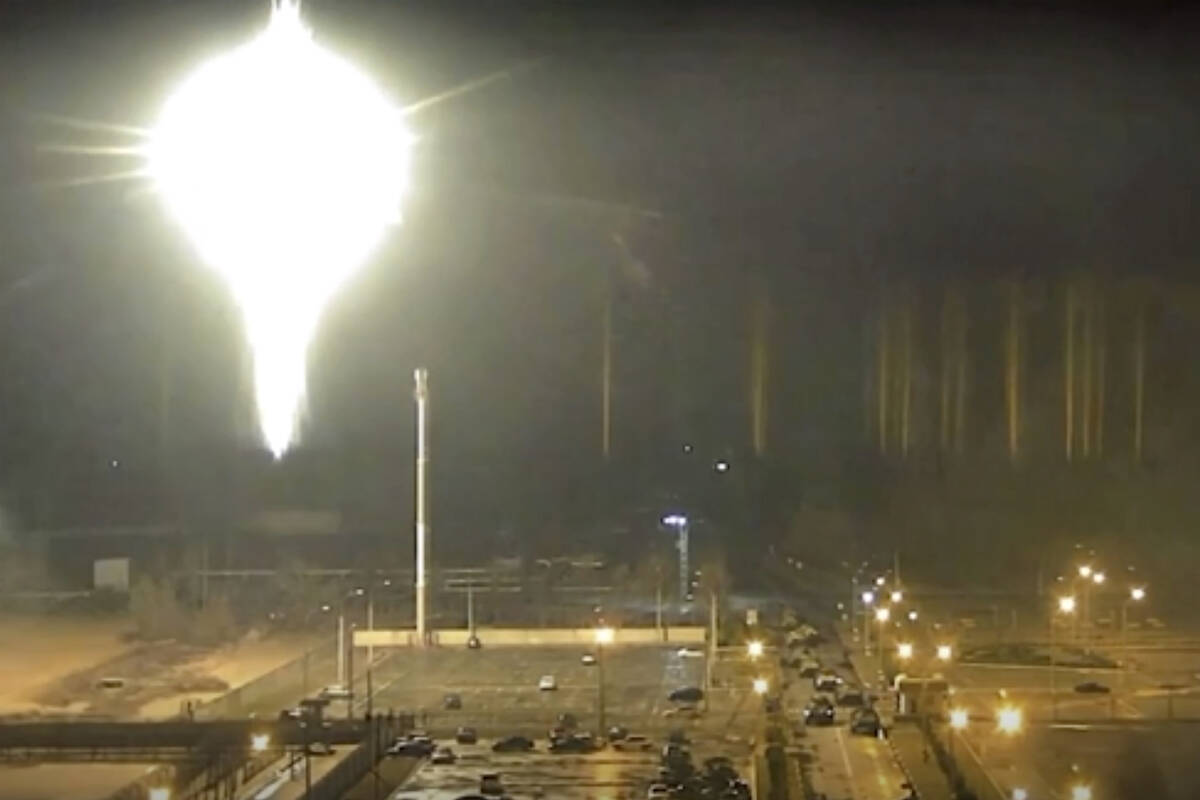 This image made from a video released by Zaporizhzhia nuclear power plant shows bright flaring ...