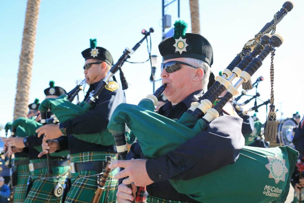 Bagpipers with the Las Vegas Emerald Society march in the 53rd Annual Southern Nevada Sons & Da ...