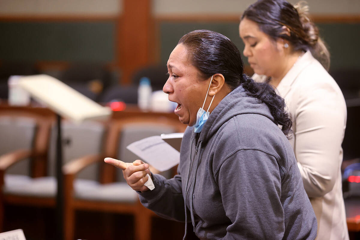 Guillermina Leon, mother of murder victim Angel Campos, talks to defendant Luis Loya via video ...