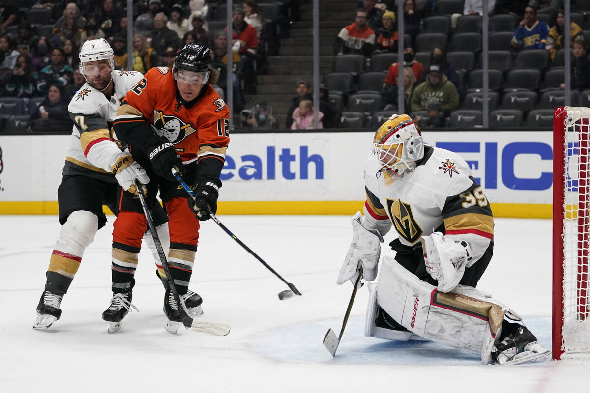 Anaheim Ducks left wing Sonny Milano (12) shoots against Vegas Golden Knights goaltender Lauren ...