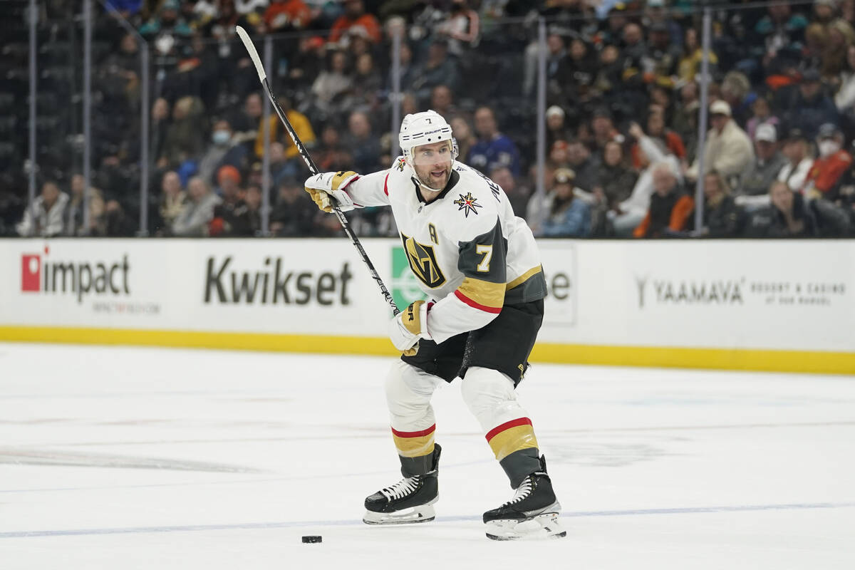 Vegas Golden Knights defenseman Alex Pietrangelo (7) shoots during the first period of an NHL h ...