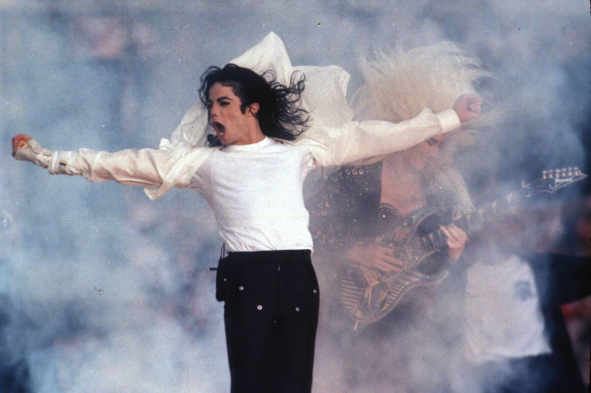 This Feb. 1, 1993 file photo shows pop superstar Michael Jackson performing during the halftime ...