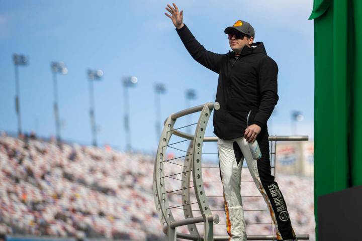 Las Vegas native Noah Gragson (9) is introduced before the start of the NASCAR Xfinity Series A ...