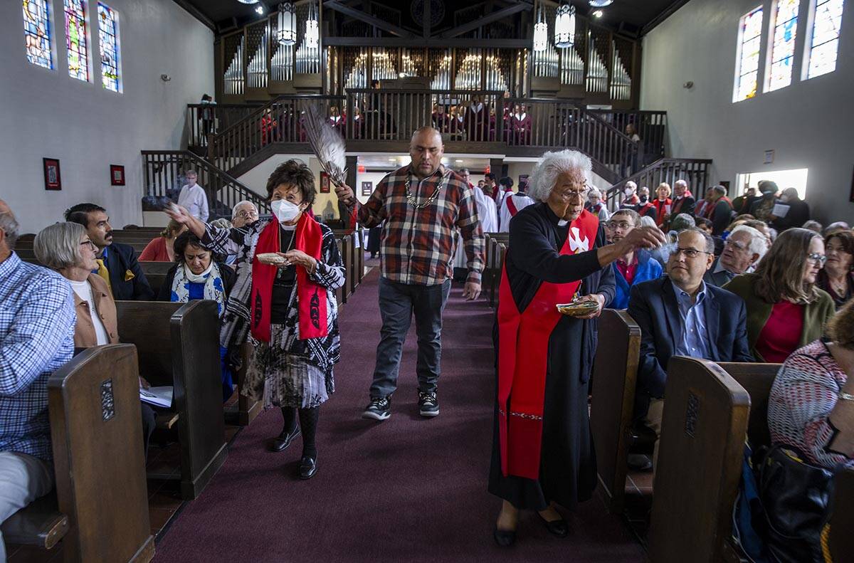 The Rev. Rosemary Joe-Kinale, from left, Reno-Sparks Indian Tribe’s Brian Melendez and Rev. ...