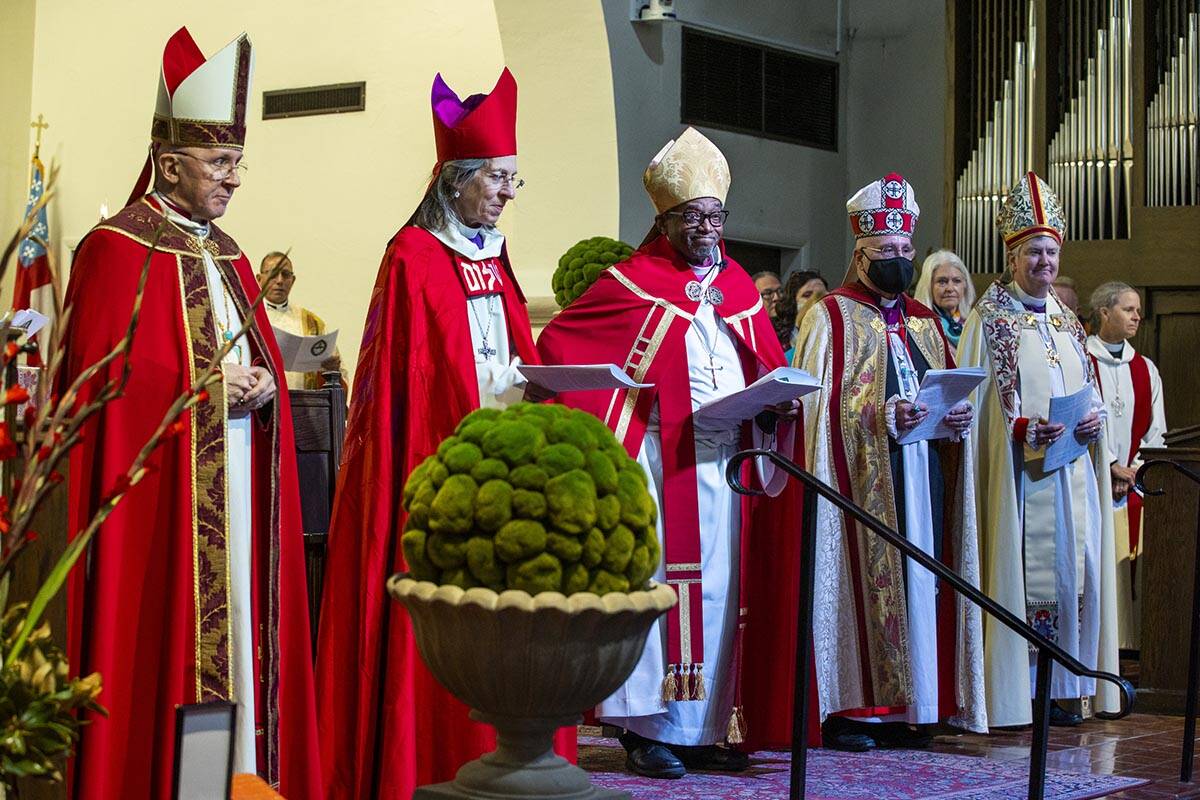 Bishops Peter Eaton, from left, Katharine Schori, Michael Curry, Dan Edwards and Gretchen Rehbe ...
