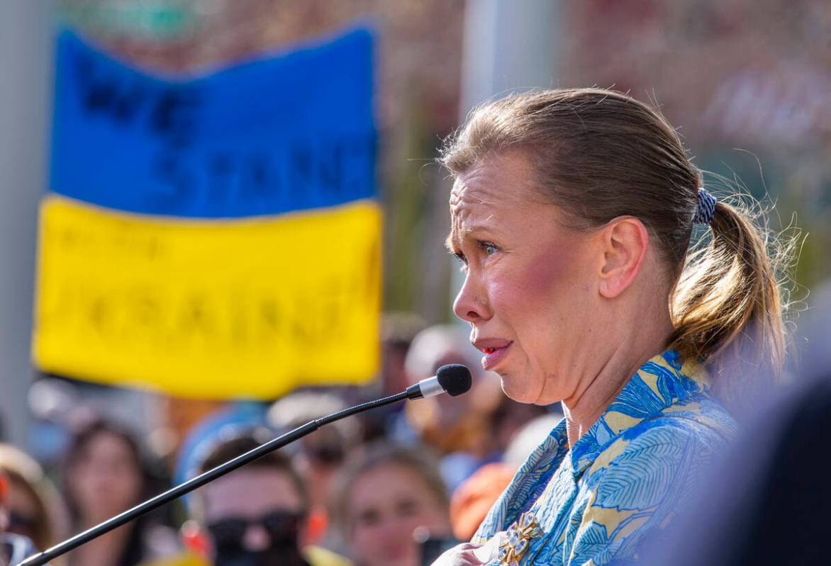 Former Olympic Ukrainian figure skater Oksana Baiul-Farina speaks with emotion during a Rally f ...