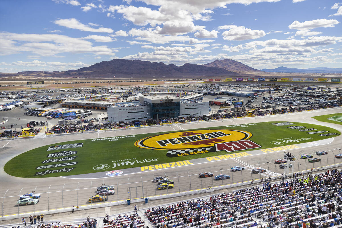 Drivers compete in the Pennzoil 400 NASCAR Cup Series race on Sunday, March 6, 2022, at Las Veg ...