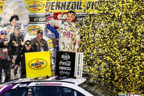 NASCAR Cup Series driver Alex Bowman (48) celebrates after winning the Pennzoil 400 NASCAR Cup ...