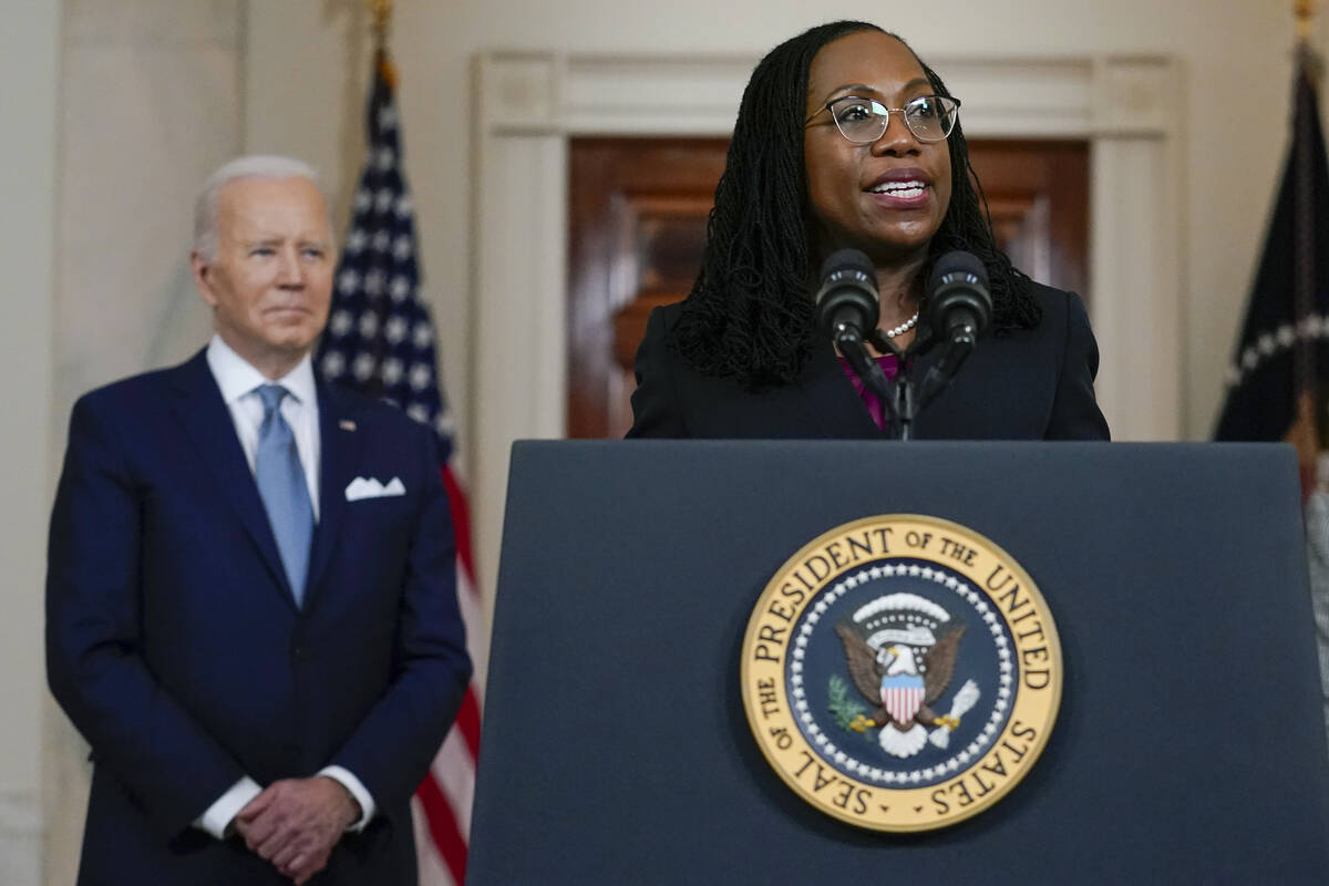 Judge Ketanji Brown Jackson speaks after President Joe Biden announced Jackson as his nominee t ...