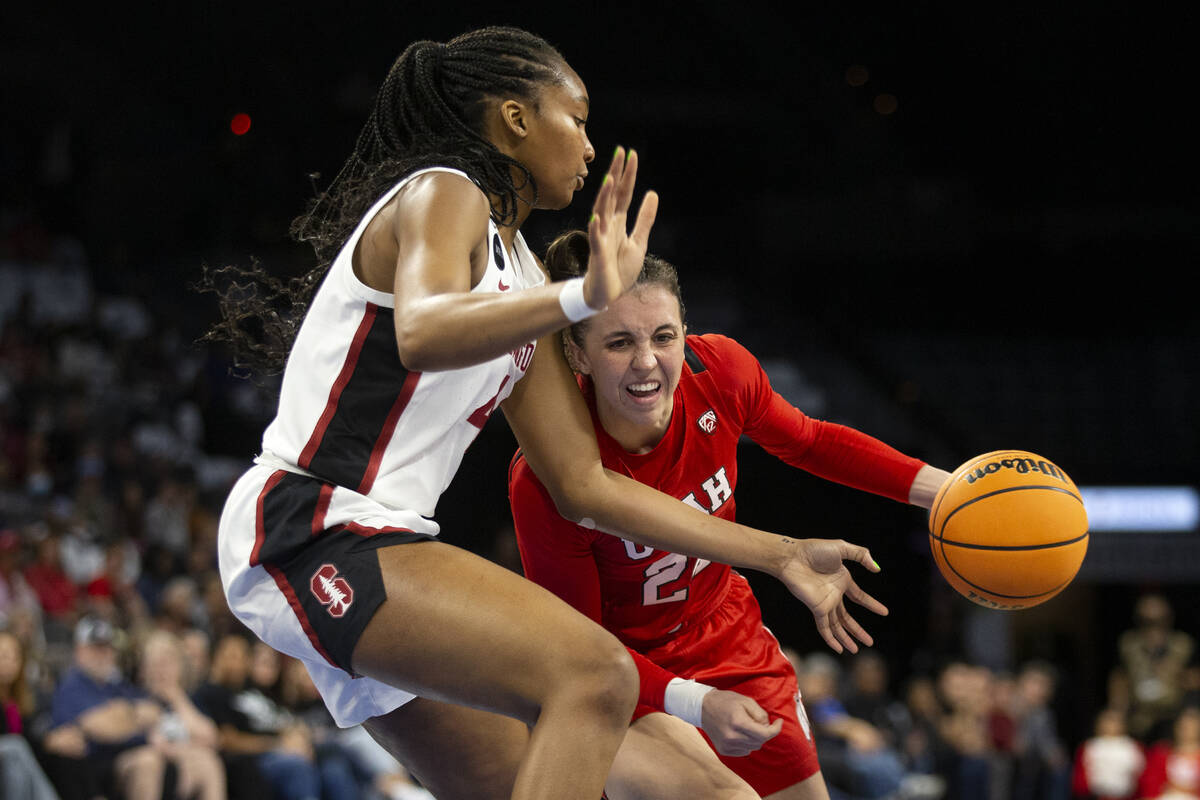 Utah guard Kennady McQueen (24) drives around Stanford forward Kiki Iriafen (44) during the fir ...