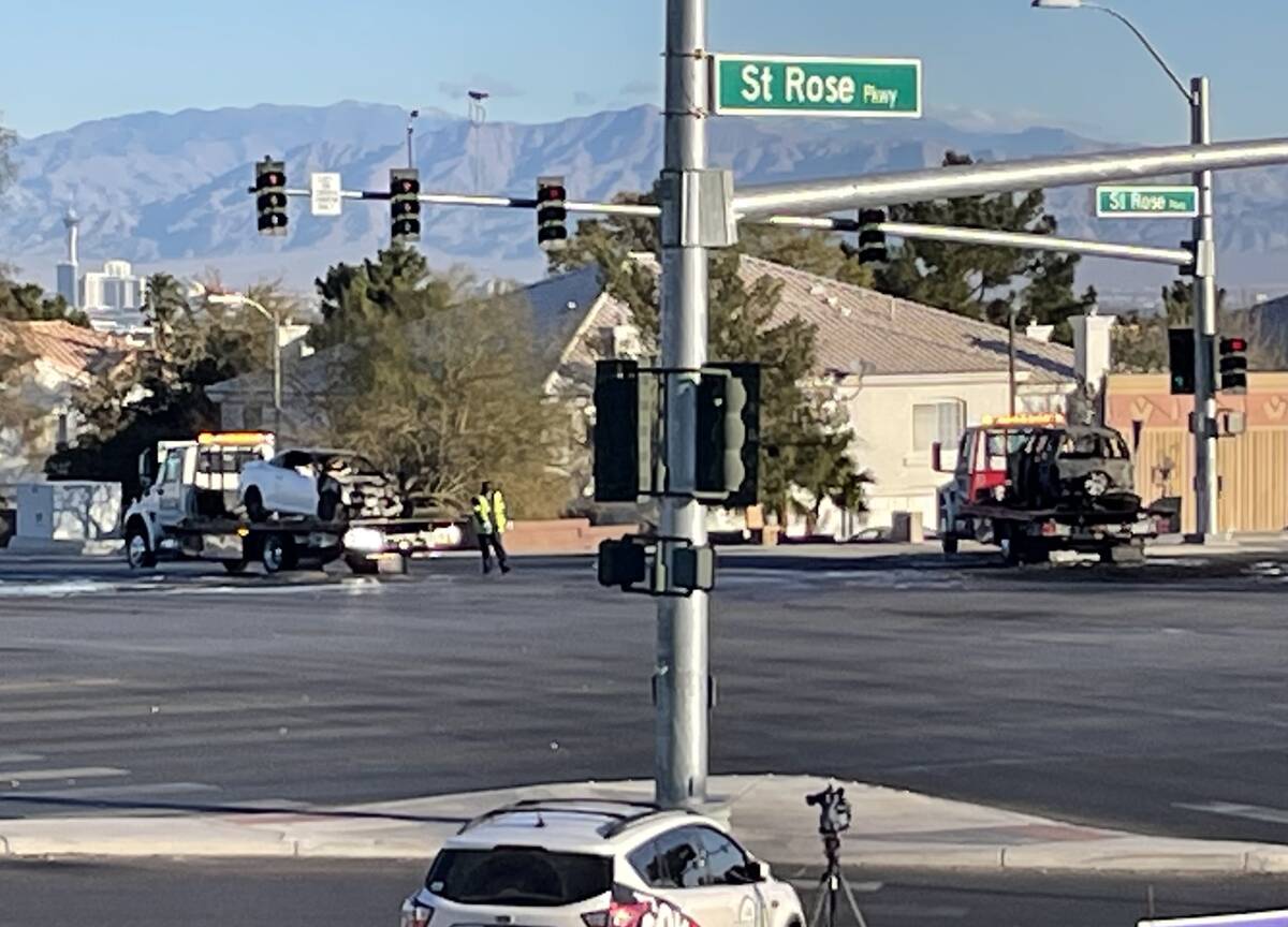 Henderson police investigate a crash at Eastern Avenue and St. Rose Parkway on Monday, March 7, ...