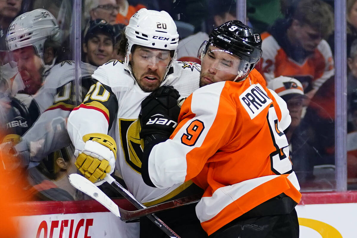 Philadelphia Flyers' Ivan Provorov, right, and Vegas Golden Knights' Chandler Stephenson collid ...
