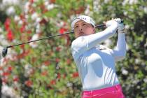 Jin Young Ko of South Korea watches her tee shot on the second hole during the third round of t ...