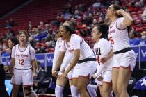 UNLV Lady Rebels players celebrate after a play by UNLV Lady Rebels forward Nneka Obiazor, not ...