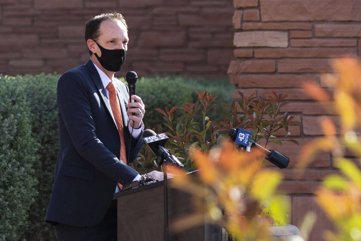 Commissioner Justin Jones speaks during a news conference outside of the Clark County Governmen ...