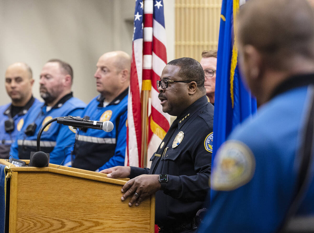 Henderson Police Department Chief Thedrick Andres, center, speaks about recent fatal crashes in ...