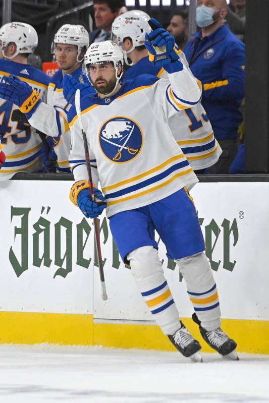 Buffalo Sabres right wing Alex Tuch celebrates a goal against the Vegas Golden Knights during t ...