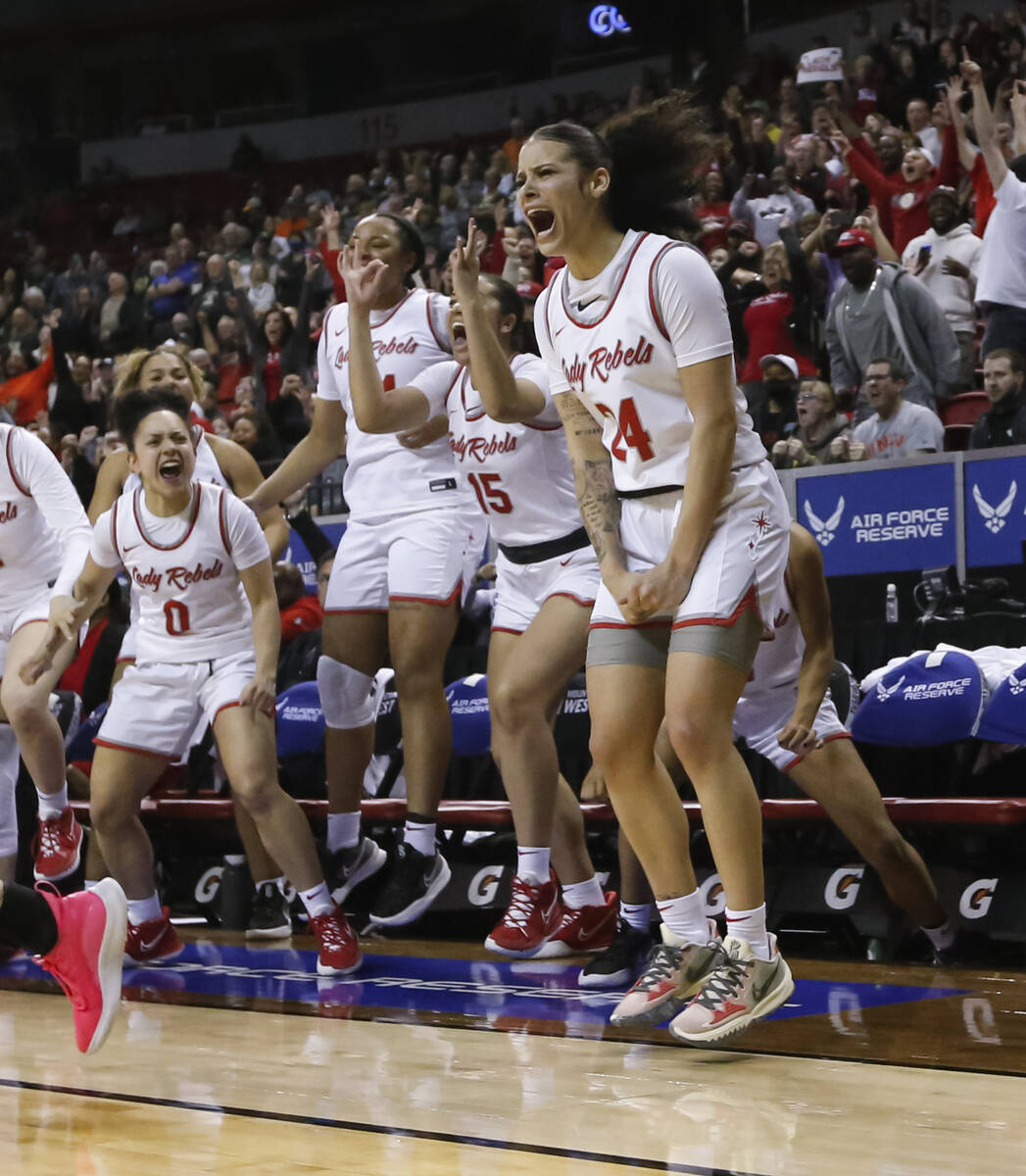UNLV Lady Rebels guard Essence Booker (24) celebrates after scoring against the Colorado State ...
