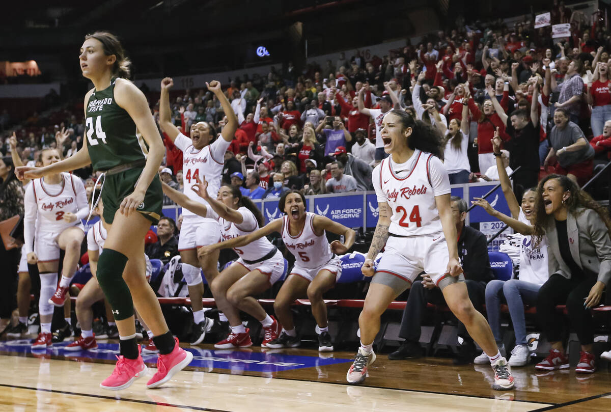 UNLV Lady Rebels guard Essence Booker (24) reacts after scoring in the final moments of the sec ...